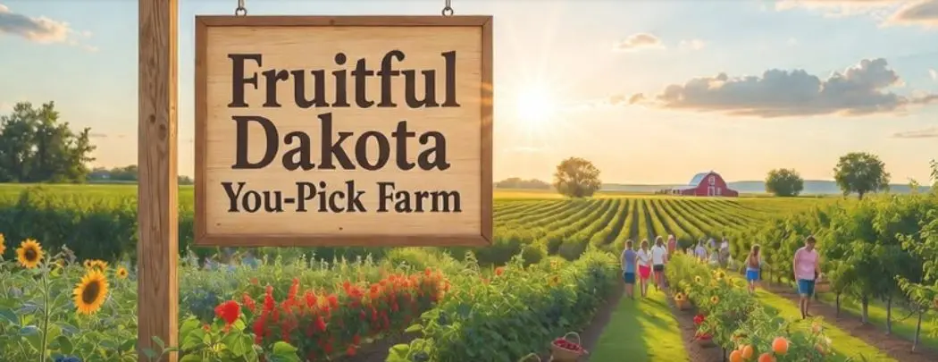 Illustration of families walking between rows of fruit on a sunny day under a Fruitful Dakota You-Pick Farm sign